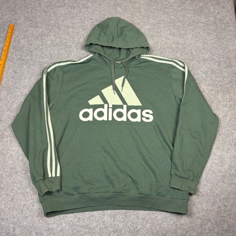 Adidas Mens 2XL Green Essentials Big Logo 3-Stripe Pullover Hoodie Sweatshirt